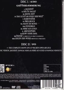Die Rückseite einer CD mit Text. Sie listet Songs auf, darunter "Jagdzeit" und "Herz aus Gold". Es gibt eine DVD-Auflistung.
