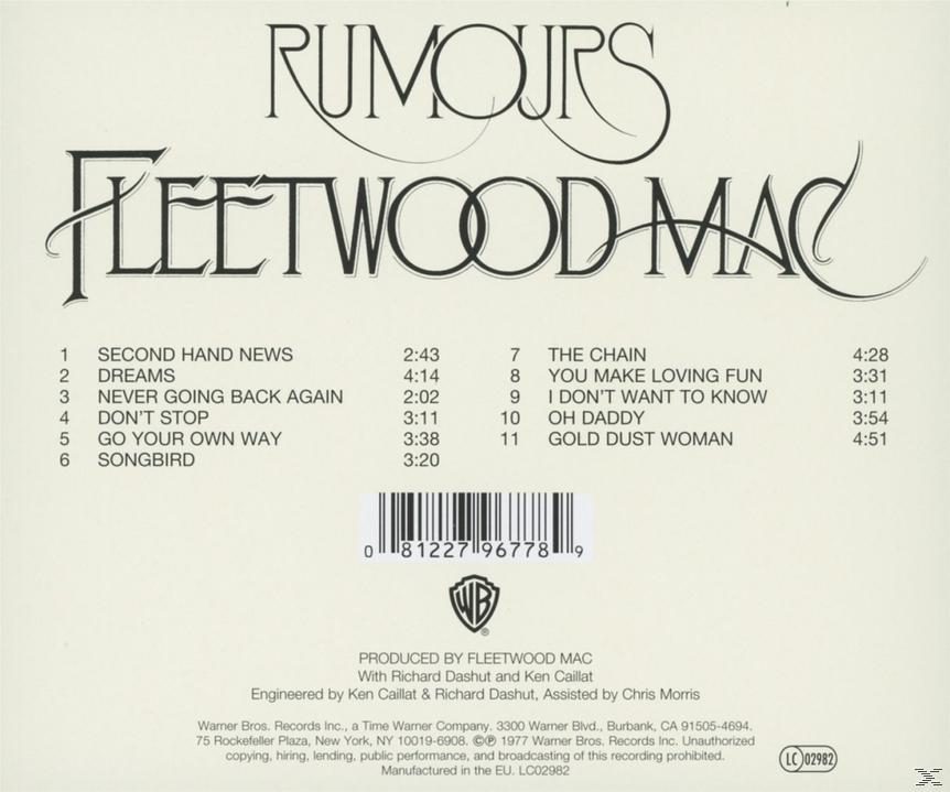Dos de l'album 'Rumours' de Fleetwood Mac. Comprend une liste des titres et le logo du groupe.