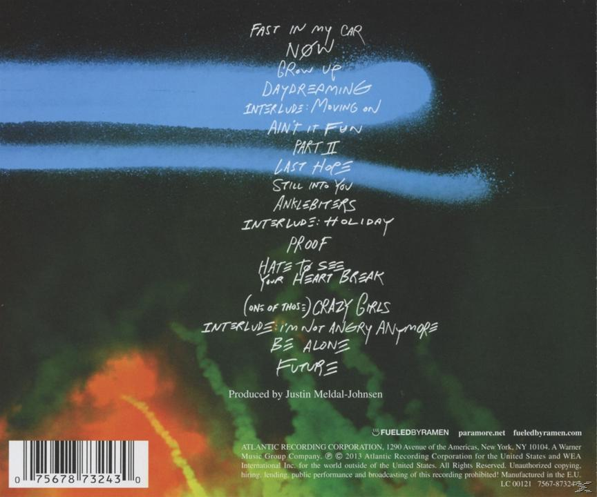 Ein blauer und schwarzer Hintergrund mit weißem Text, der Songtitel auflistet. Der Text hat einen Sprüheffekt.