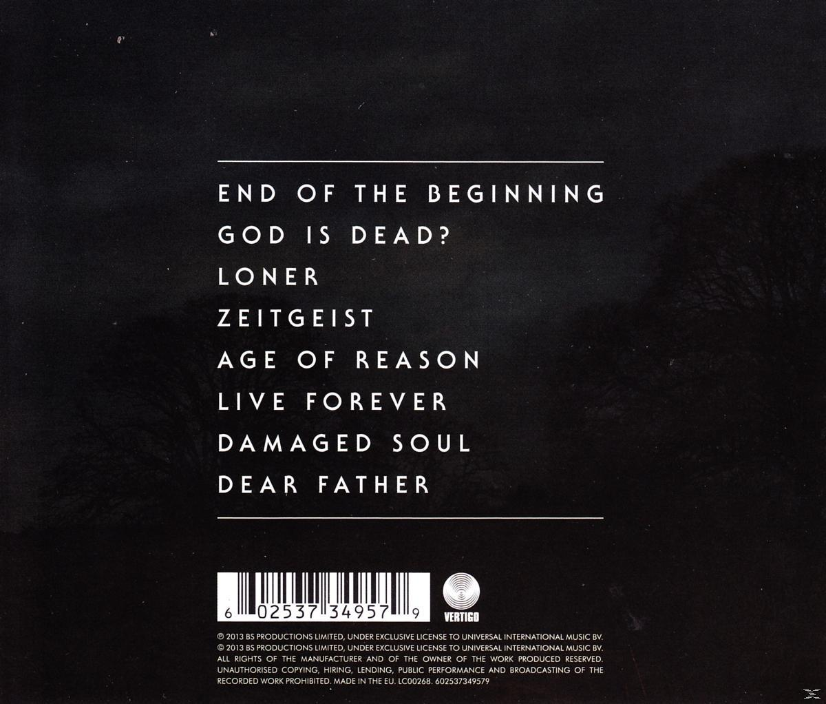 Pochette de CD avec texte blanc sur noir. Les titres incluent : End of the Beginning, God is Dead ? et Zeitgeist.