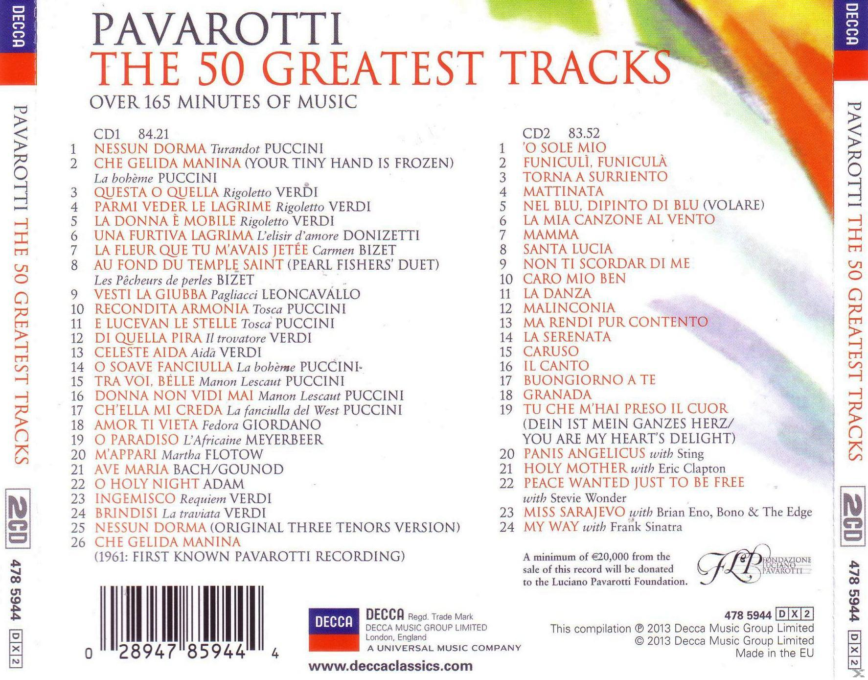 Pochette d'album : Pavarotti The 50 Greatest Tracks. Liste des chansons à gauche et à droite. Un coffret de 2 CD.