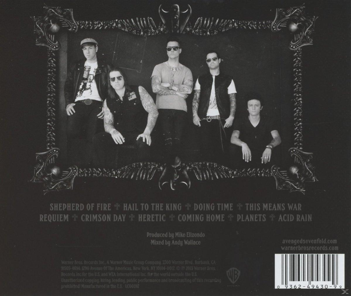 Albumcover mit der Band Avenged Sevenfold. Dunkler Hintergrund mit Text und Logo.