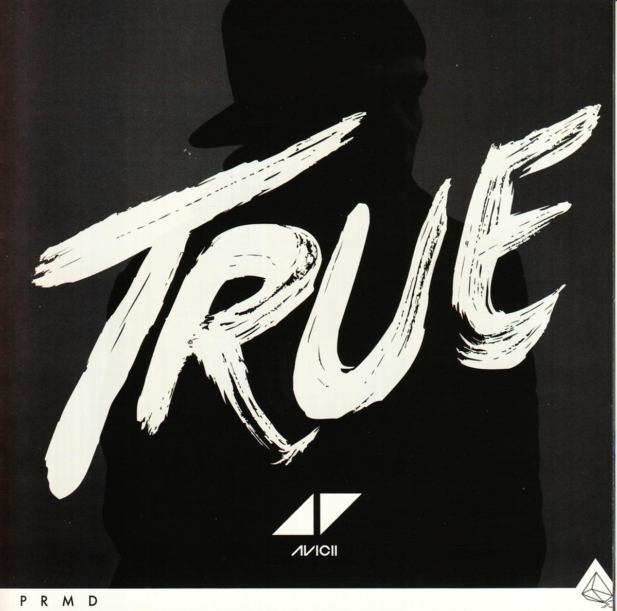 Albumcover mit dem Wort 'TRUE' in großen weißen Buchstaben über einer silhouettierten Person. Schwarzer Hintergrund.