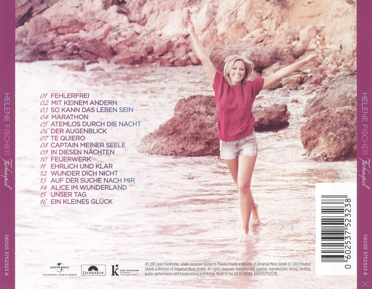 CD-Rückseite: Helene Fischer Album, Frau in rotem Oberteil am Strand mit Text und Liedtexten.