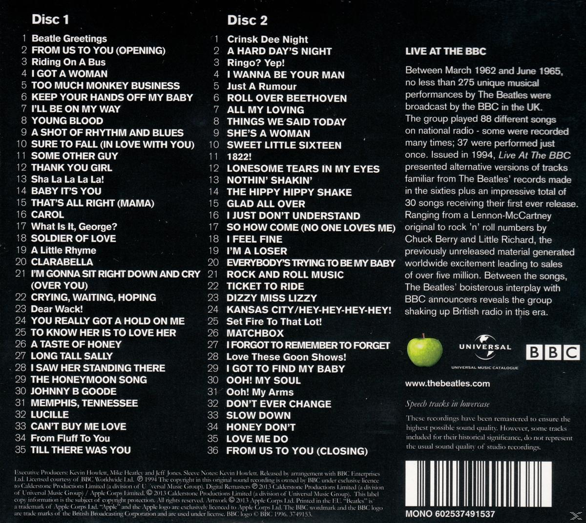 Doppelalbum-Cover. Titellisten von Disc 1 und 2, Text über die Beatles und ein grüner Apfel.