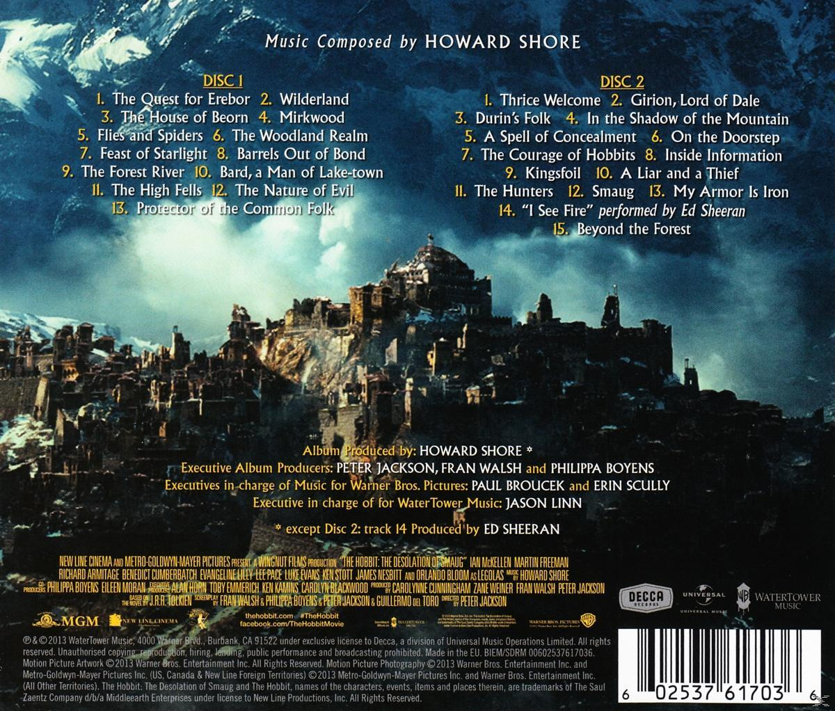 The Hobbit Soundtrack CD-Cover. Text mit Songtiteln. Nebeliger Hintergrund mit Burg.