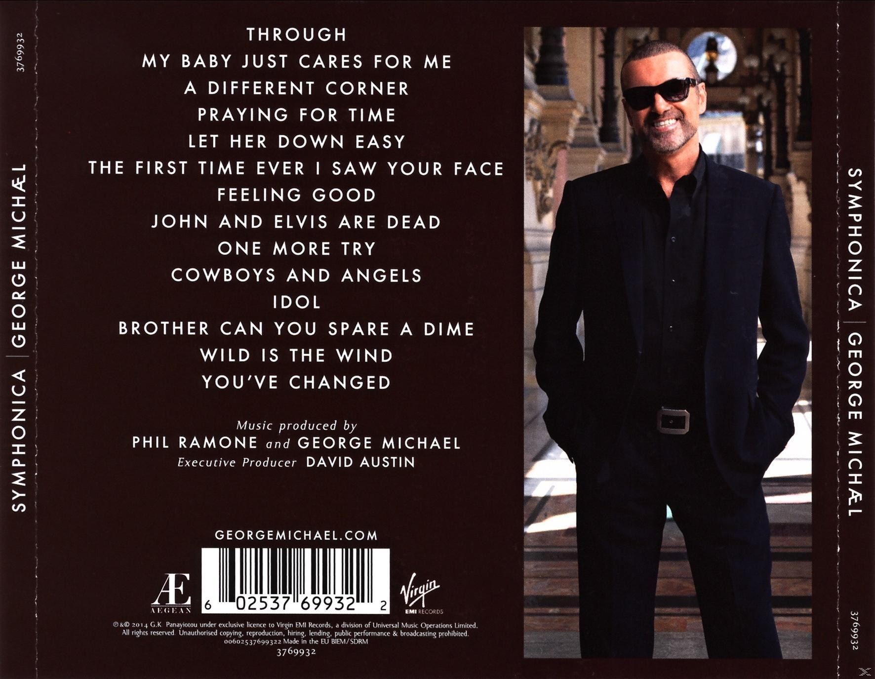 Albumcover: George Michael, 'Symphonica'. George Michael in einem schwarzen Anzug. Titelliste links.