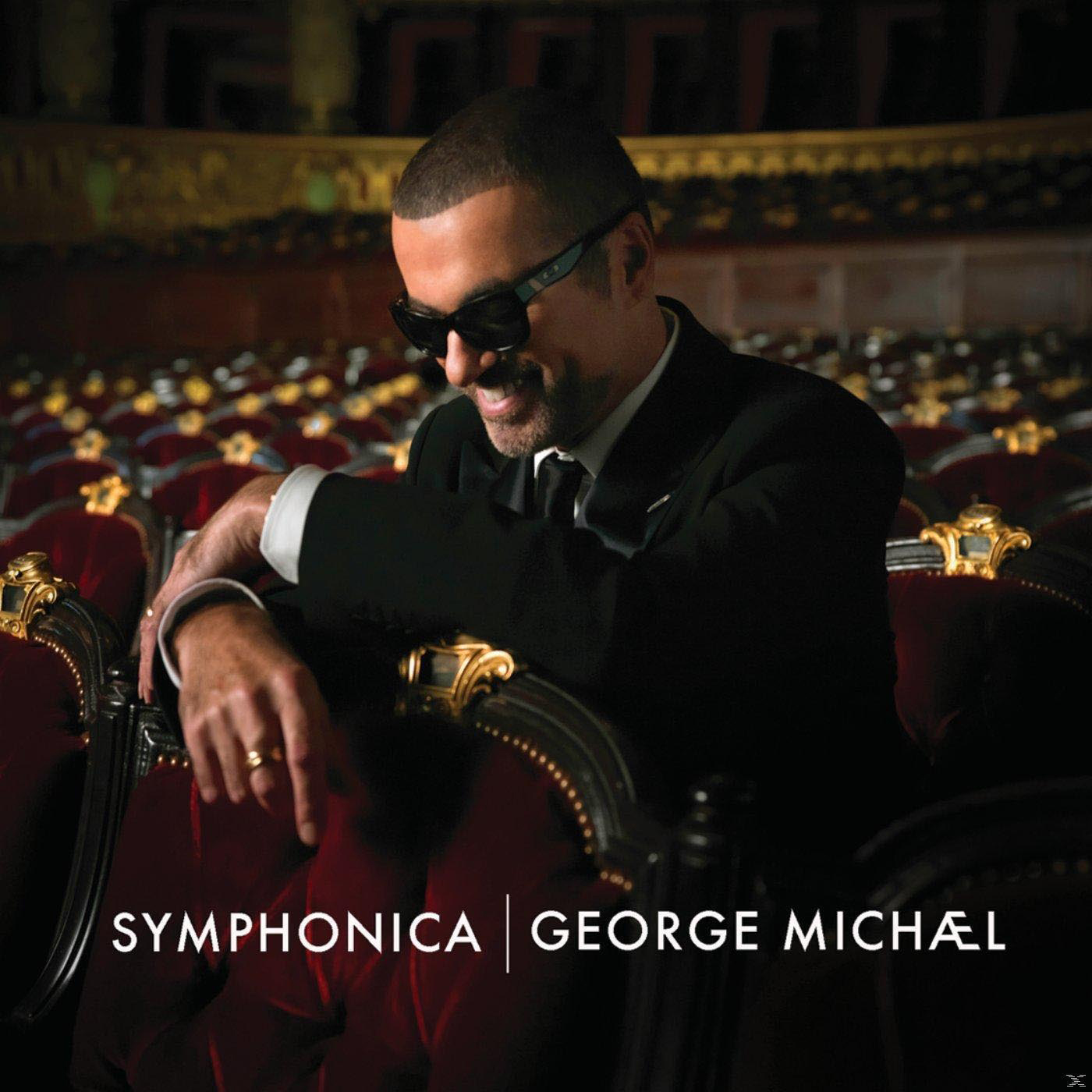 Albumcover: George Michael im Anzug, Sonnenbrille, sitzt auf rotem Stuhl. Titel: Symphonica.
