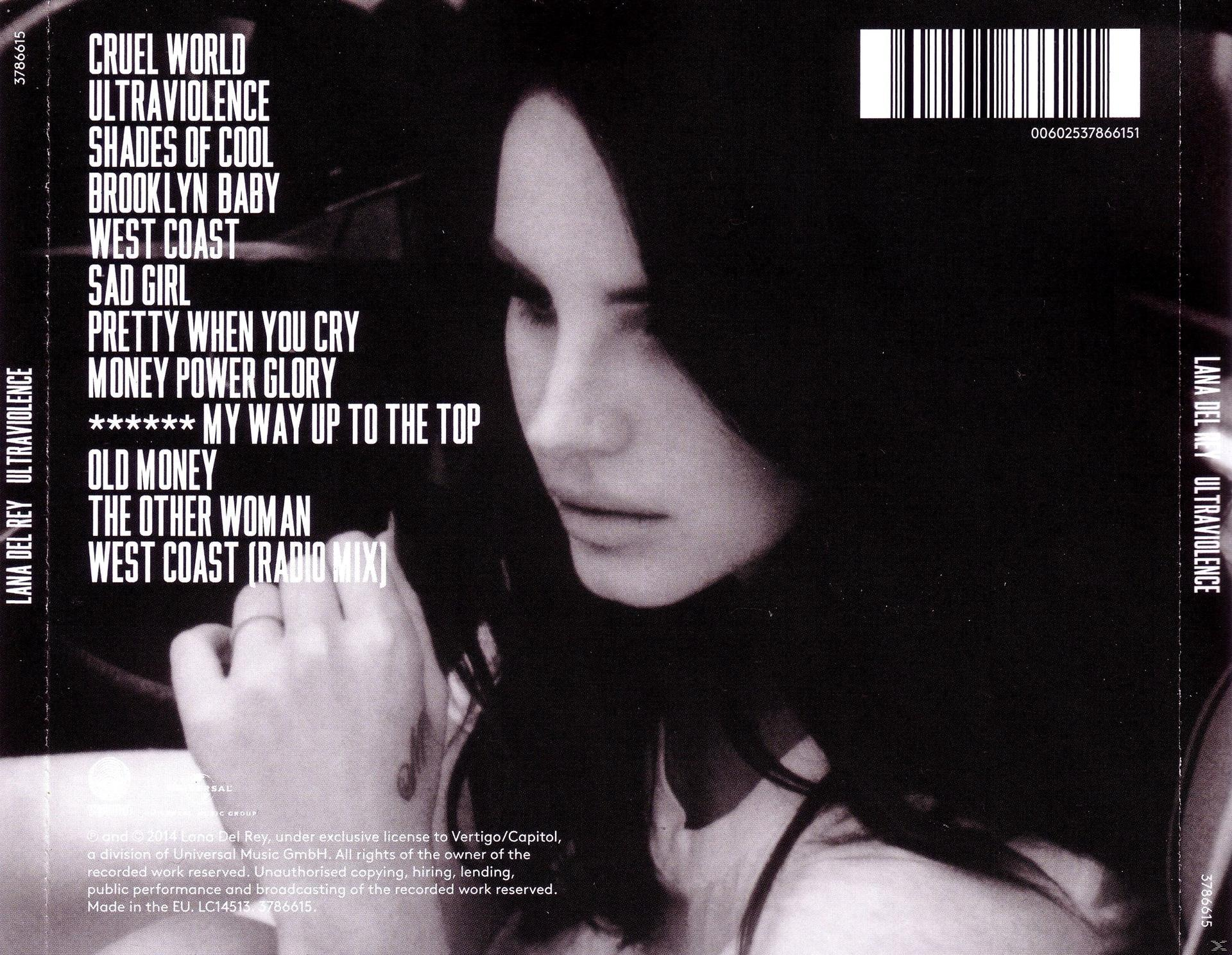Lana Del Rey Album-Rückseite mit Tracklist und Foto von ihr. Rückseite hat weißen Hintergrund.