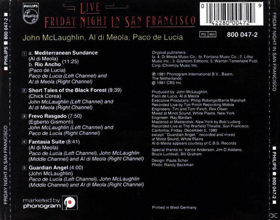 Albumcover für 'Friday Night in San Francisco'. Enthält die Titelliste und einen Copyright-Hinweis.