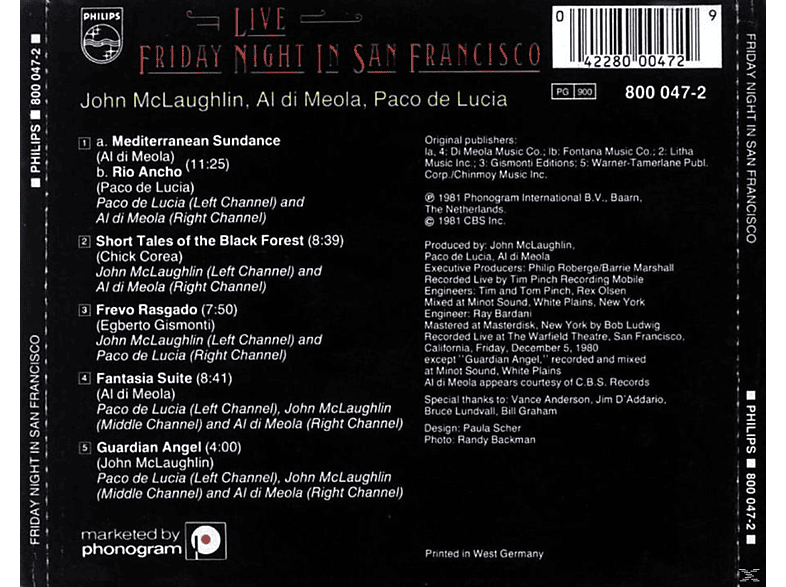 Thumbnail - Paco de Lucía, Al Di Meola, John McLaughlin - FRIDAY NIGHT IN SAN FRANCISCO (CD)