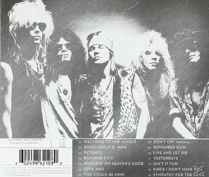 Fekete-fehér fotó a Guns N' Roses együttes tagjairól. A számok listája jobbra.