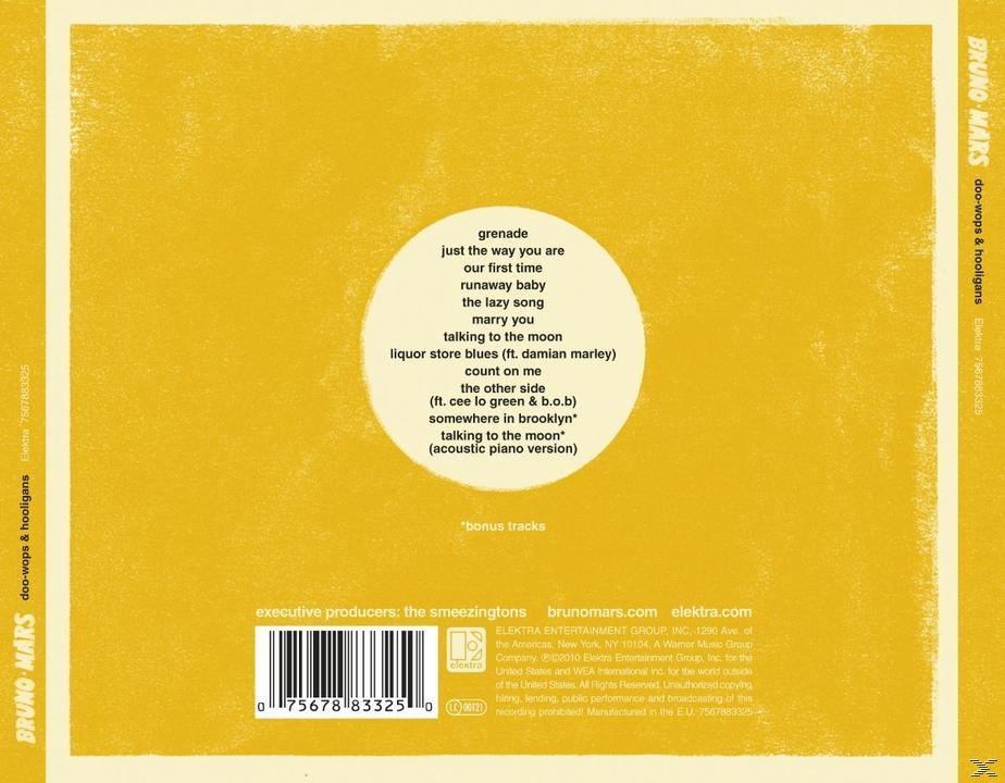 Album hátsó borító: Dalsor, 'Grenade', 'Just The Way You Are', 'Our First Time' és még sok más Bruno Marstól.