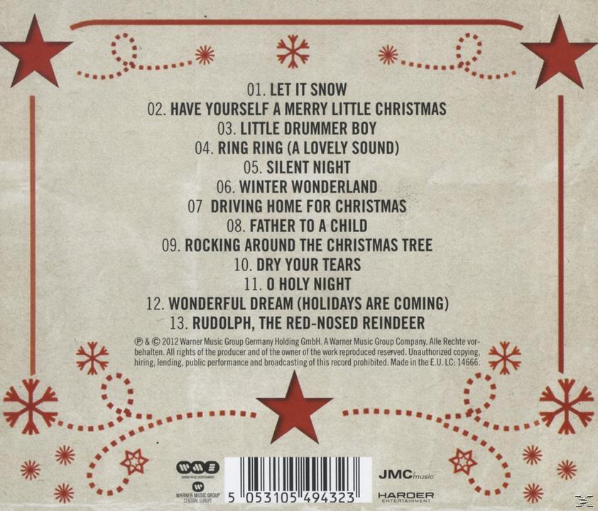Ein CD-Cover mit Weihnachtsthema, roten Sternen, Schneeflocken und einer Titelliste.