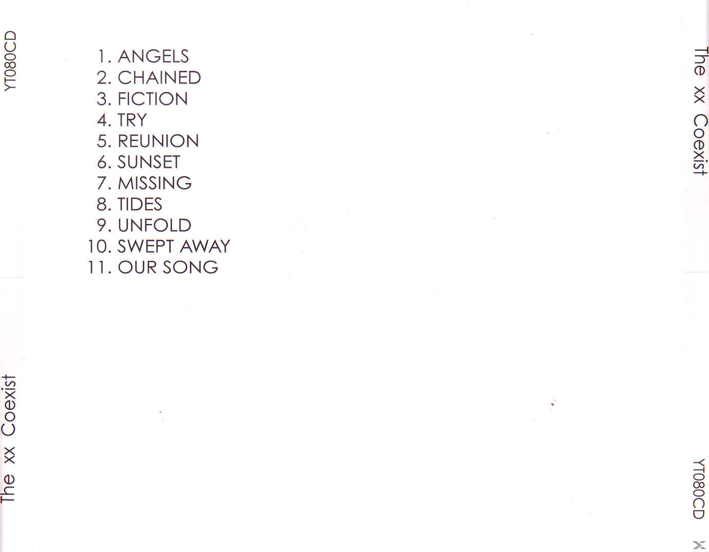 Pochette de l'album, liste des titres sur fond blanc : Angels, Chained, Fiction, Try, Reunion, Sunset, Missing, Tides, Unfold, Swept Away, Our Song.