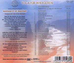 Rückseite einer CD mit deutschem Text und einer Liste von Yoga-Posen und Zeitangaben.