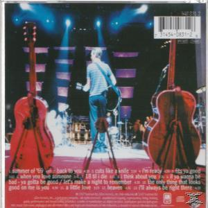 Rückseite einer CD. Zwei Gitarren rahmen eine Bühne mit einem Musiker ein. Songtitel sind aufgelistet.