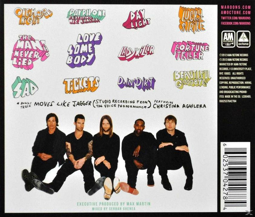 Maroon 5 Albumcover: Bandmitglieder vor Songtiteln.