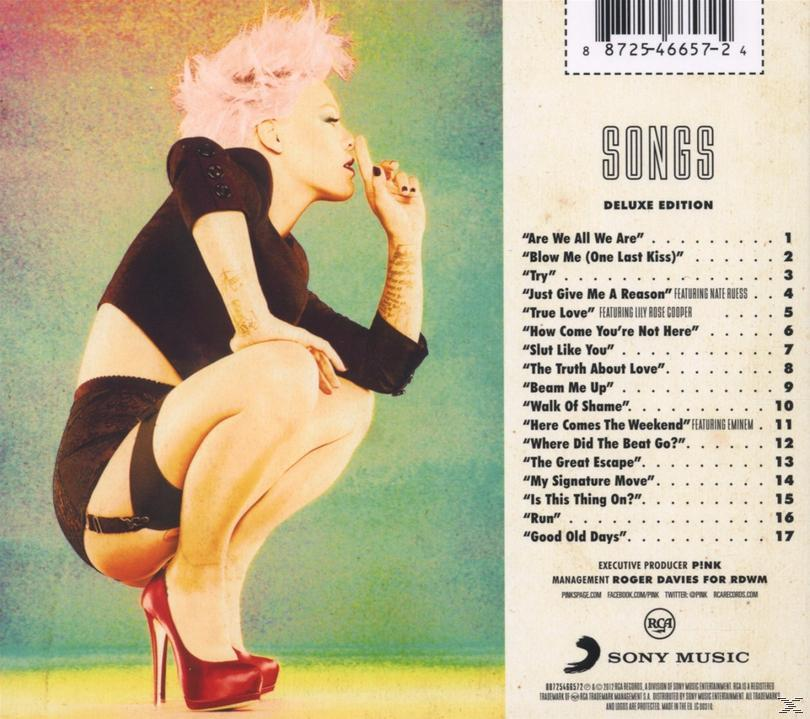 Rosafarbene Sängerin, hockend, Finger auf den Lippen, schwarzes Outfit, rote Absätze, Albumcover.