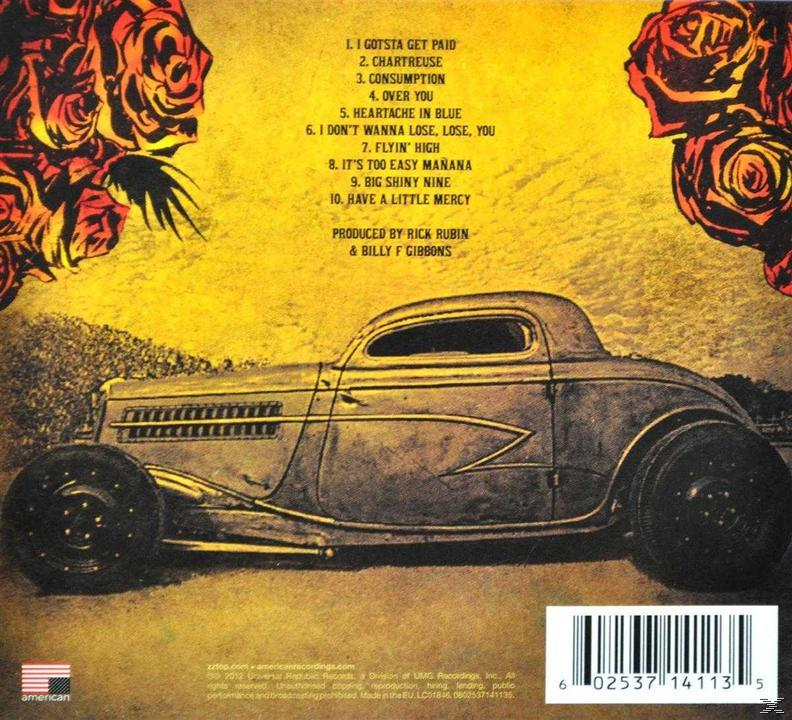 Albumcover mit klassischem Auto auf gelbem Hintergrund, Rosen und Songtiteln.