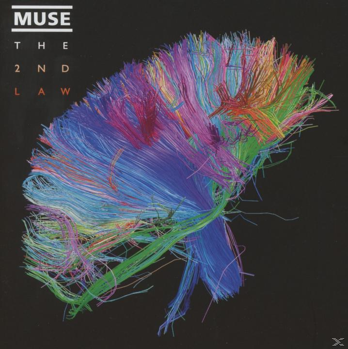Albumhoes voor Muse - The 2nd Law. Kleurrijke lijnen creëren een abstract beeld op een zwarte achtergrond.