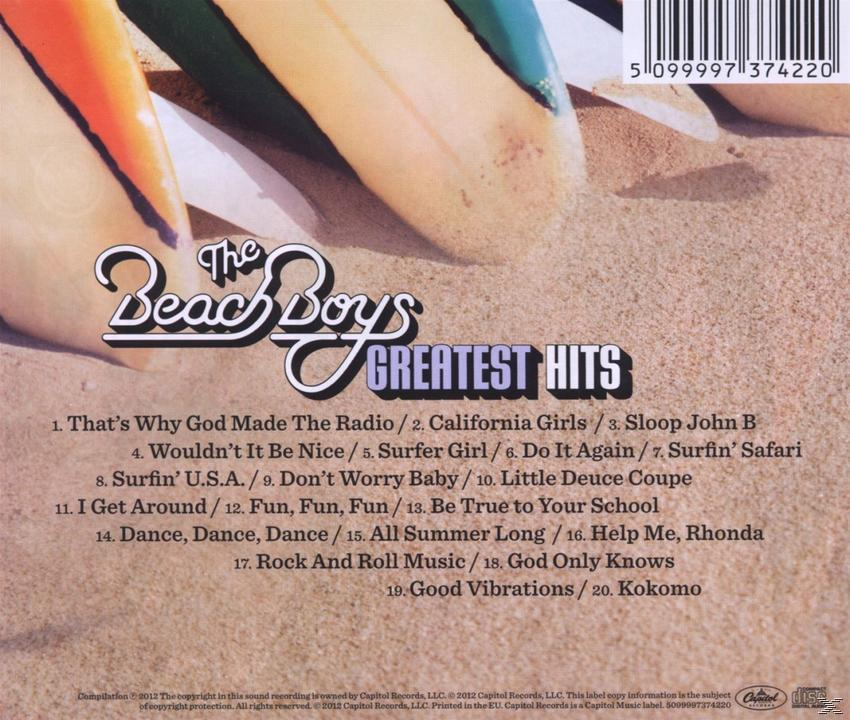 CD-Cover für The Beach Boys Greatest Hits. Texte und ein Strandfoto.