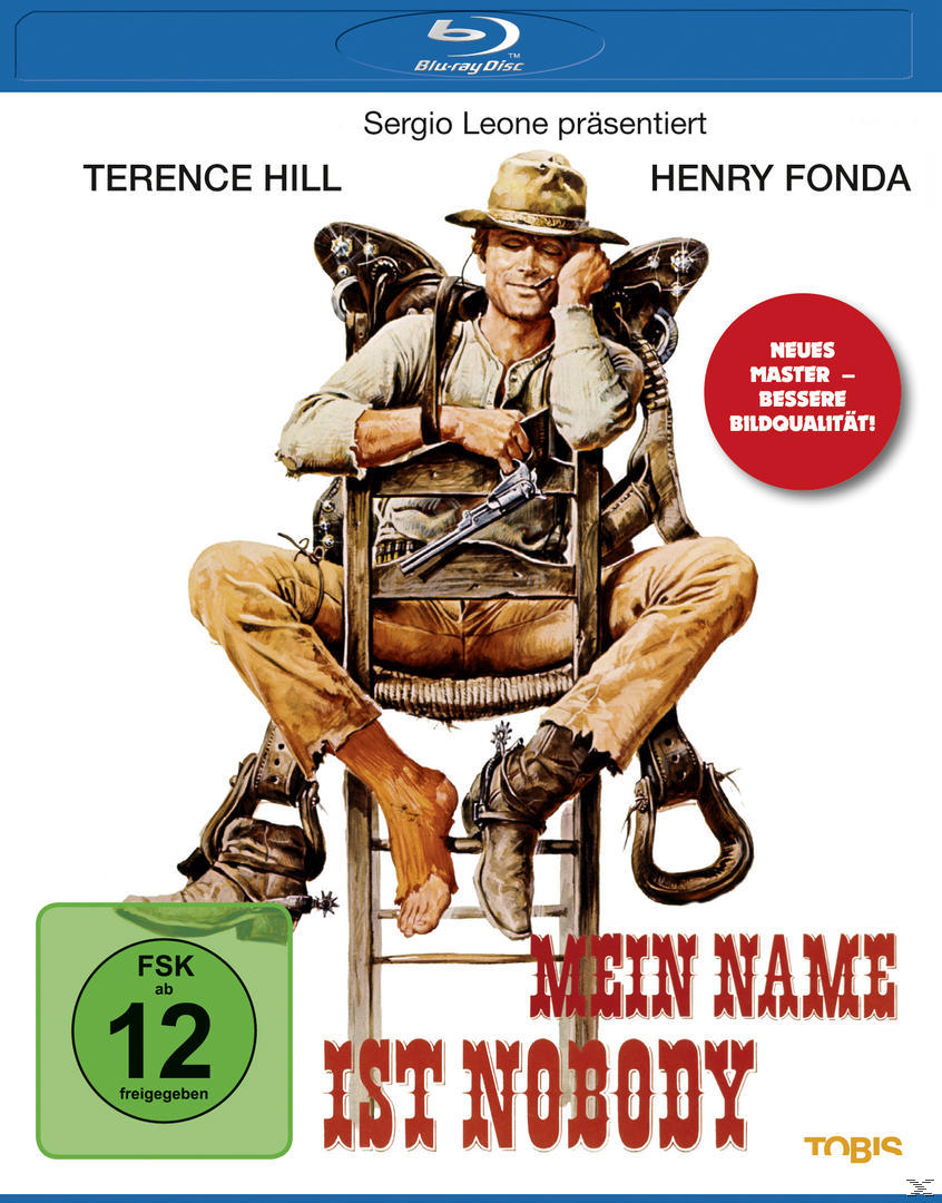 Blu-ray-Cover: Terence Hill und Henry Fonda auf einem Stuhl. Titel: 'Mein Name ist Nobody'.