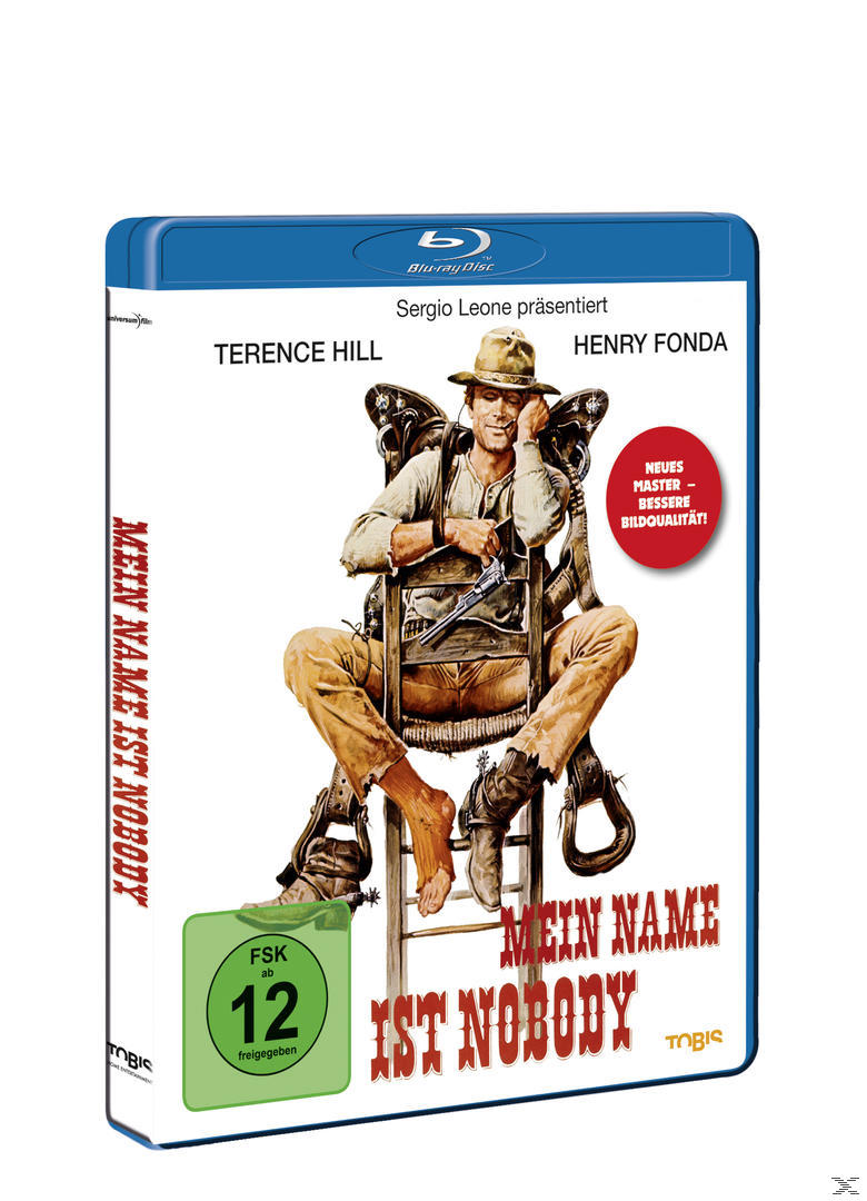 Blu-ray-Cover mit einem Mann, der auf einem Stuhl sitzt, mit dem Text 'Mein Name ist Nobody'.