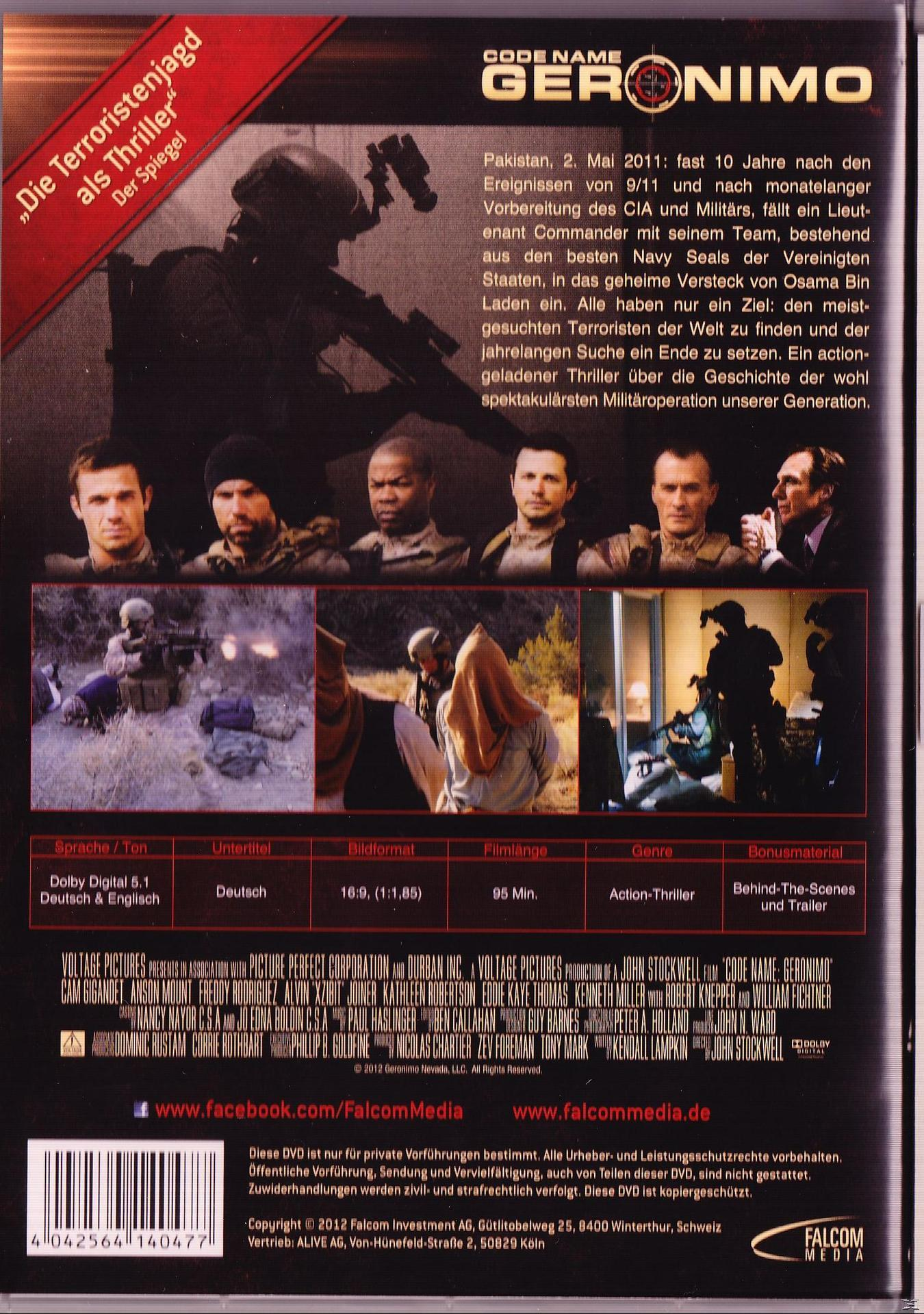 DVD-Cover für "Codename Geronimo". Gruppe von Soldaten im Hintergrund, Action-Thriller.