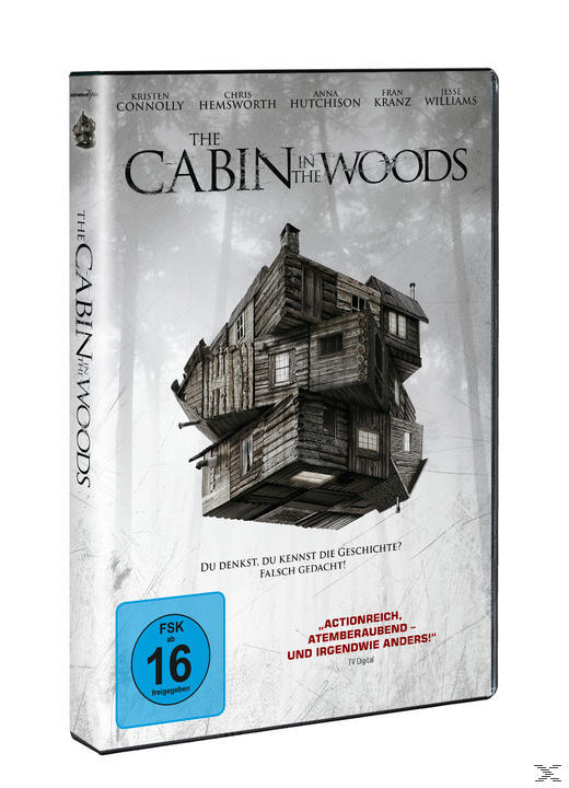 DVD-Cover für The Cabin in the Woods, ein mehrstöckiges Holzhaus in einem Wald mit Text und Logo.