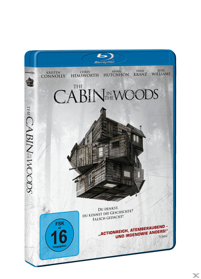 Das Cabin in the Woods Blu-ray-Cover mit einem verzerrten Holzhaus und Waldboden.