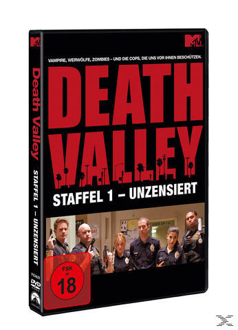 DVD-Hülle mit dem Titel „Death Valley“, rotes und schwarzes Design. Menschen in einer Polizeistation.