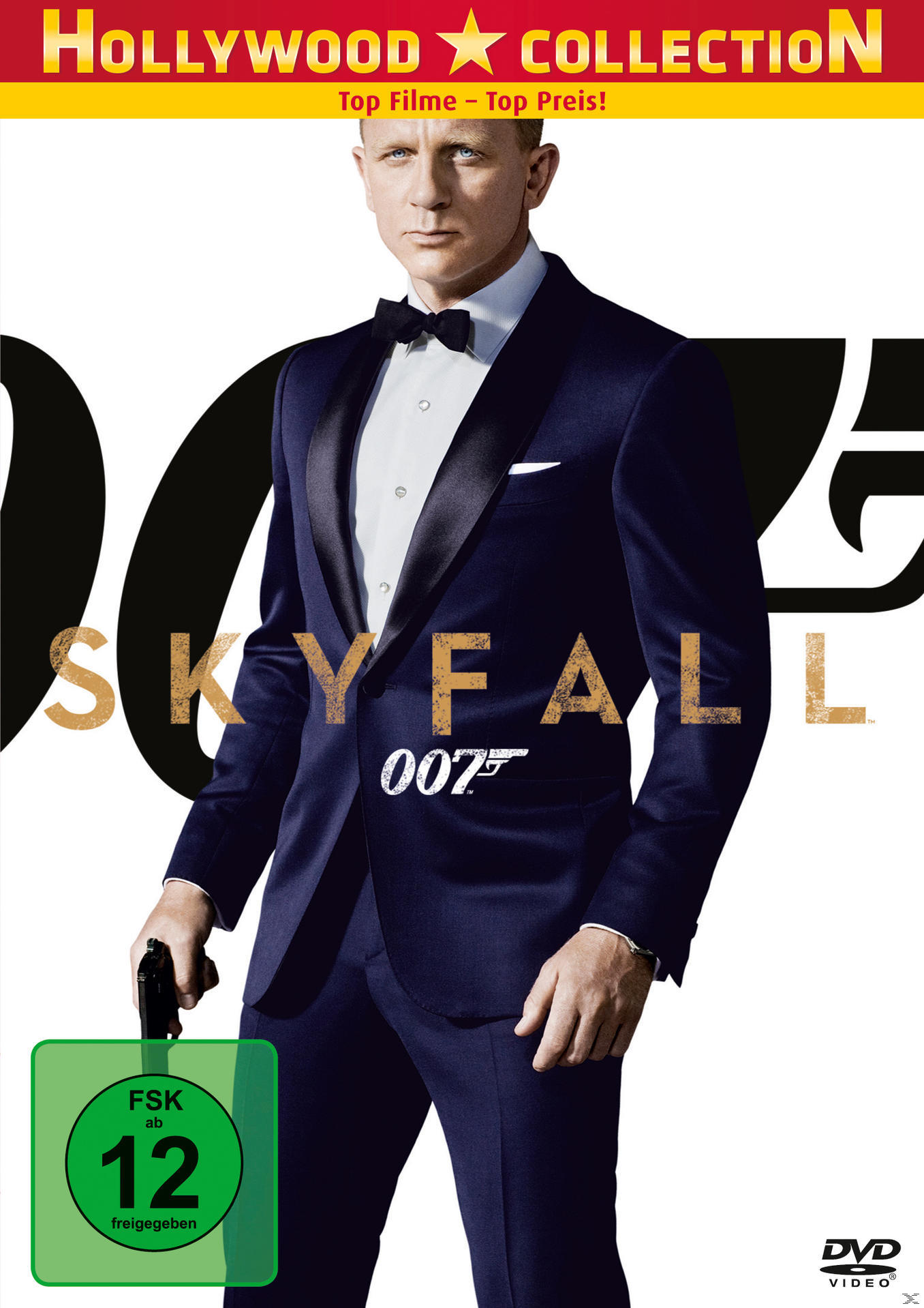 DVD-Cover von Skyfall. Daniel Craig in einem Smoking hält eine Pistole. Text: 007, Skyfall und Hollywood Collection.