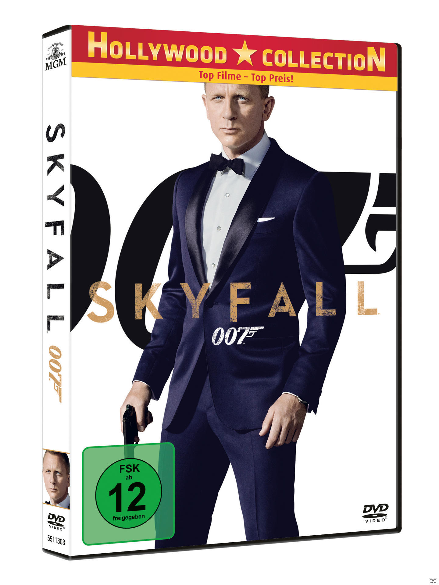 Skyfall DVD-Cover mit Daniel Craig im Anzug, der eine Waffe hält. Titel und MGM-Logo sind sichtbar.