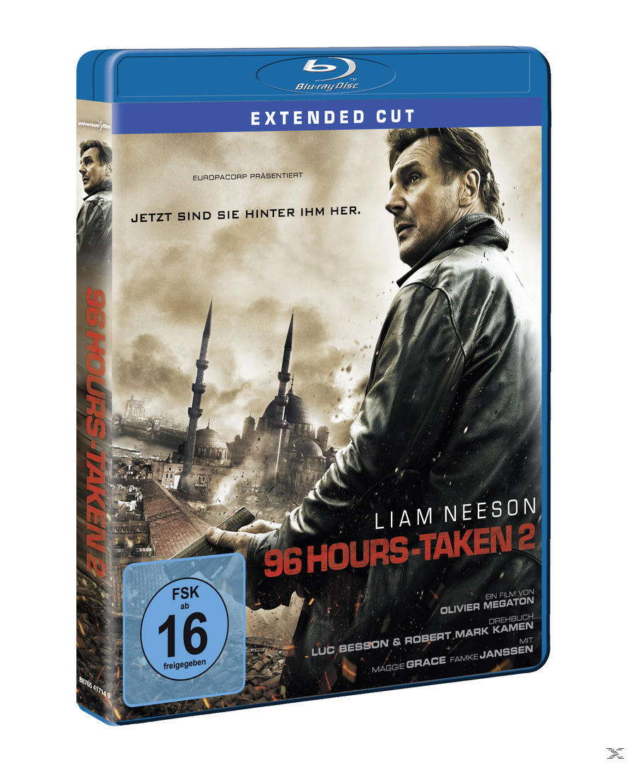 96 Hours Taken 2 Blu-ray Cover, Liam Neeson und eine Stadtszene.