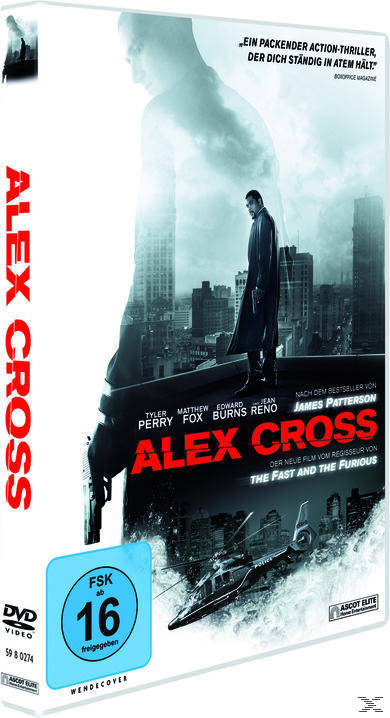 DVD-Cover für 'Alex Cross'. Ein Mann in einem Mantel steht auf einem Dach, mit Skyline im Hintergrund und Filmtitel.