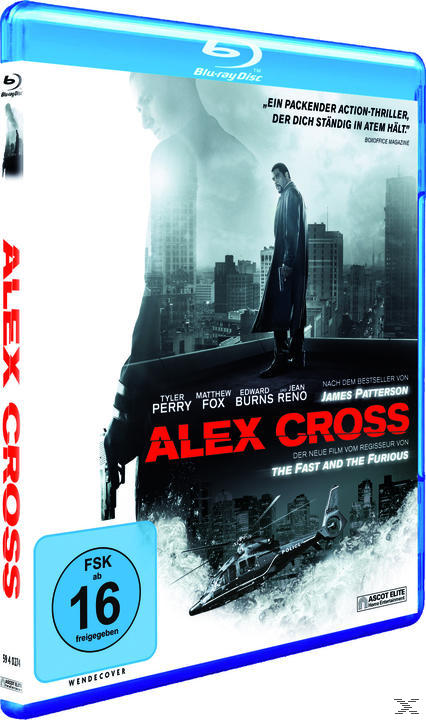 Alex Cross Blu-ray-Cover mit einem Mann auf einem Gebäude, einem Hubschrauber und Text.