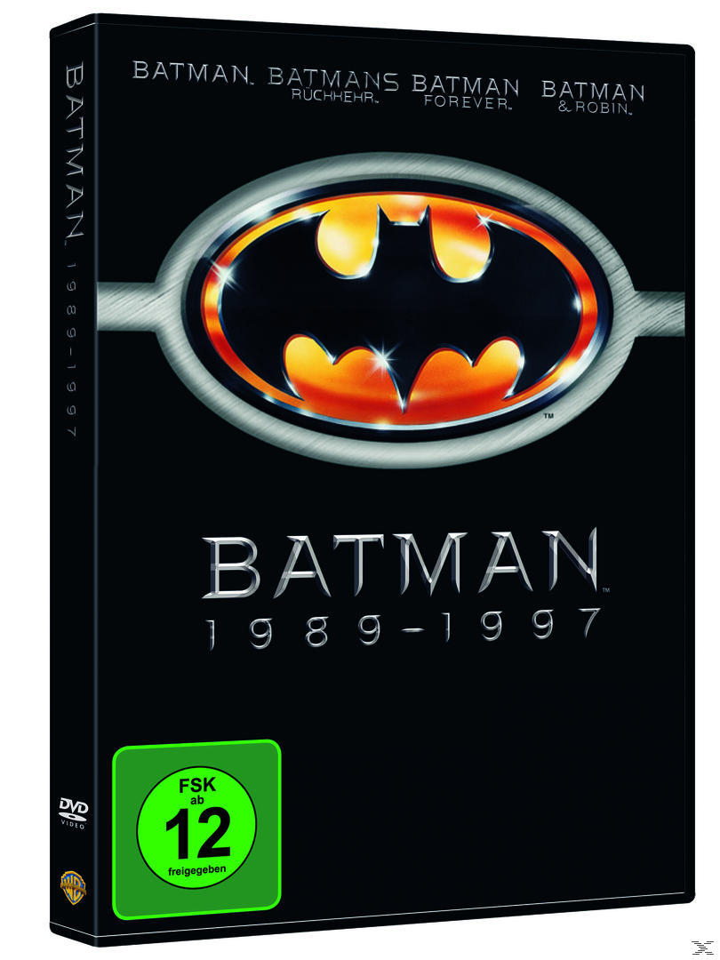 DVD-Hülle der Batman 1989-1997 Kollektion mit dem ikonischen Fledermaus-Logo und einem FSK-12-Altersfreigabepunkt.