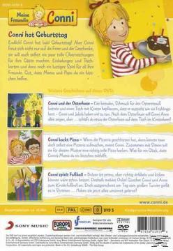DVD-Rückseite mit Cartoon-Figur Conni, die einen Kuchen hält. Text und Illustrationen.