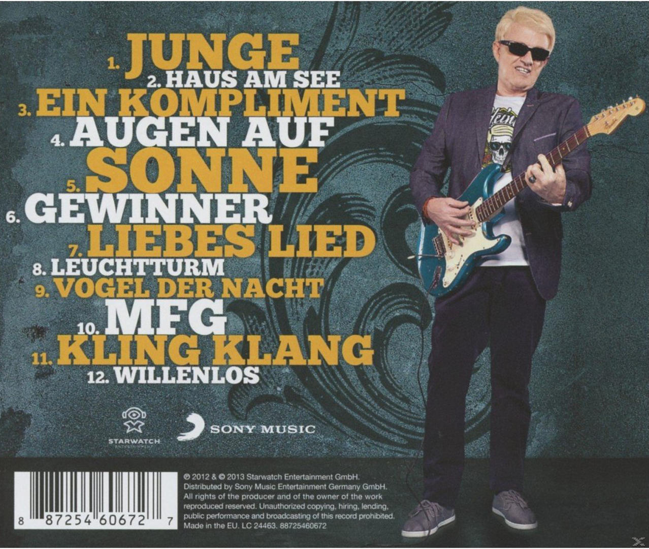 Albumcover mit einem Mann, der eine blaue Gitarre spielt. Text in Gelb.