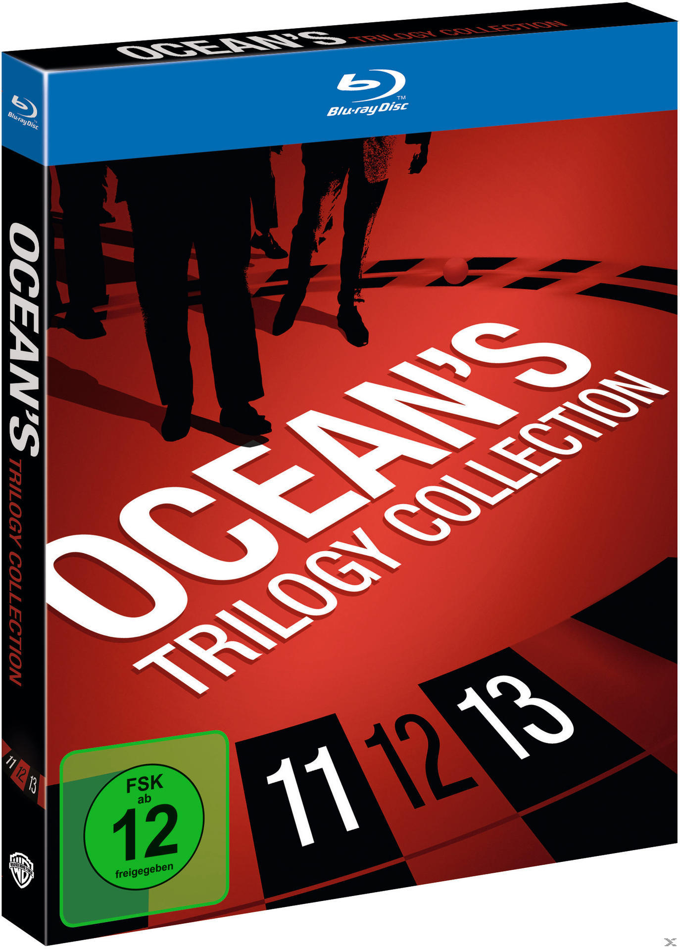 Film-Box-Set. Silhouetten von Menschen auf rotem Hintergrund. Text: 'OCEAN'S TRILOGY COLLECTION'.