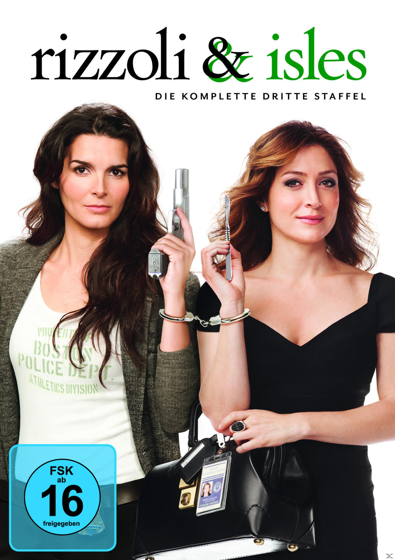 "Rizzoli & Isles" DVD-Cover. Zwei Frauen halten eine Pistole und einen Stift, schwarze Tasche im Vordergrund.