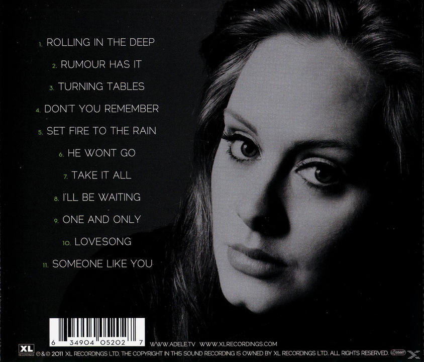 Pochette d'album avec le portrait d'Adele et une liste des titres à gauche.