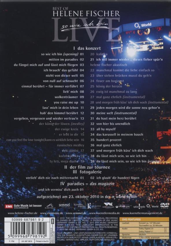 DVD-Cover mit Trackliste und Konzertdetails, mit Foto des Künstlers. Text auf Deutsch.