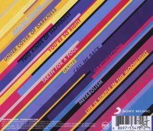 Albumcover mit diagonalen bunten Streifen. Enthält Songtitel und Albumdetails. Modernes Design.