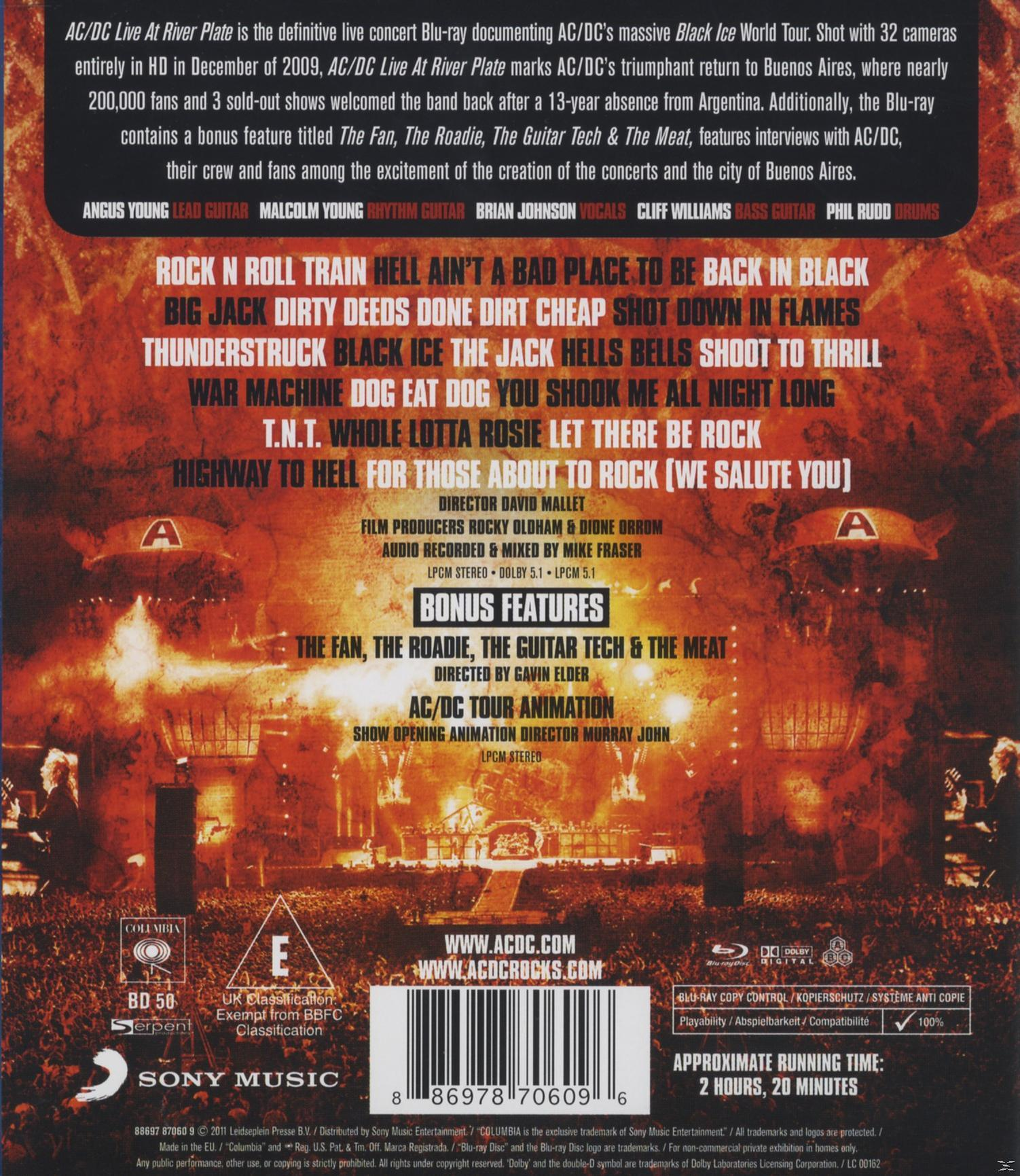 Rückseite der AC/DC 'Live at River Plate' Blu-ray. Enthält Titelliste, Bandmitglieder und ein Konzertfoto.