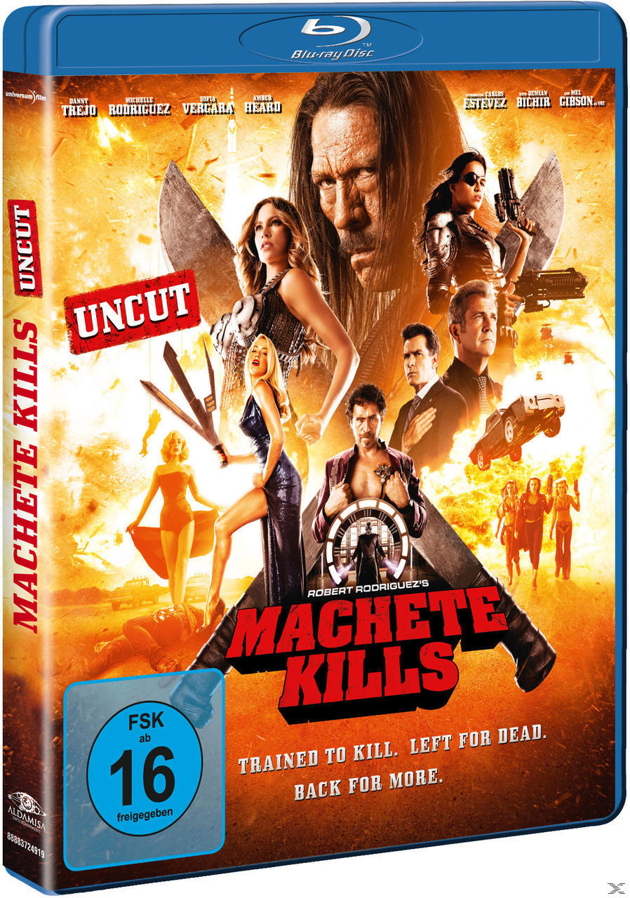 Blu-ray-Cover für 'Machete Kills' mit Danny Trejo und anderen Schauspielern, mit einem stilisierten Bild.