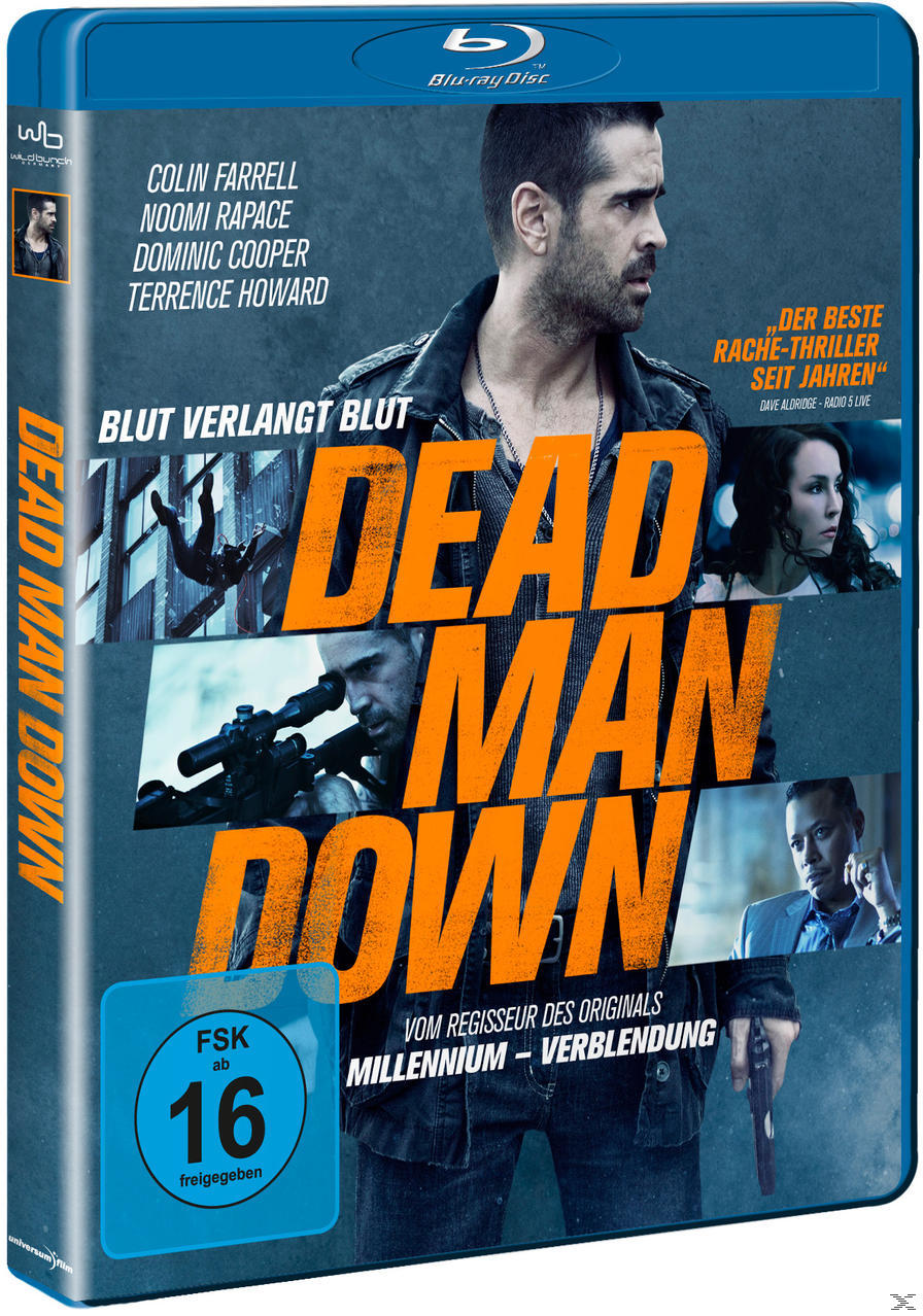 DVD-Cover: Dead Man Down, Filmplakat, Colin Farrell und eine blaue Hülle mit Text.