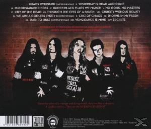 Albumcover-Rückseite. Bandmitglieder in Schwarzweiß. Songtitel aufgelistet. Barcode und Logo unten.