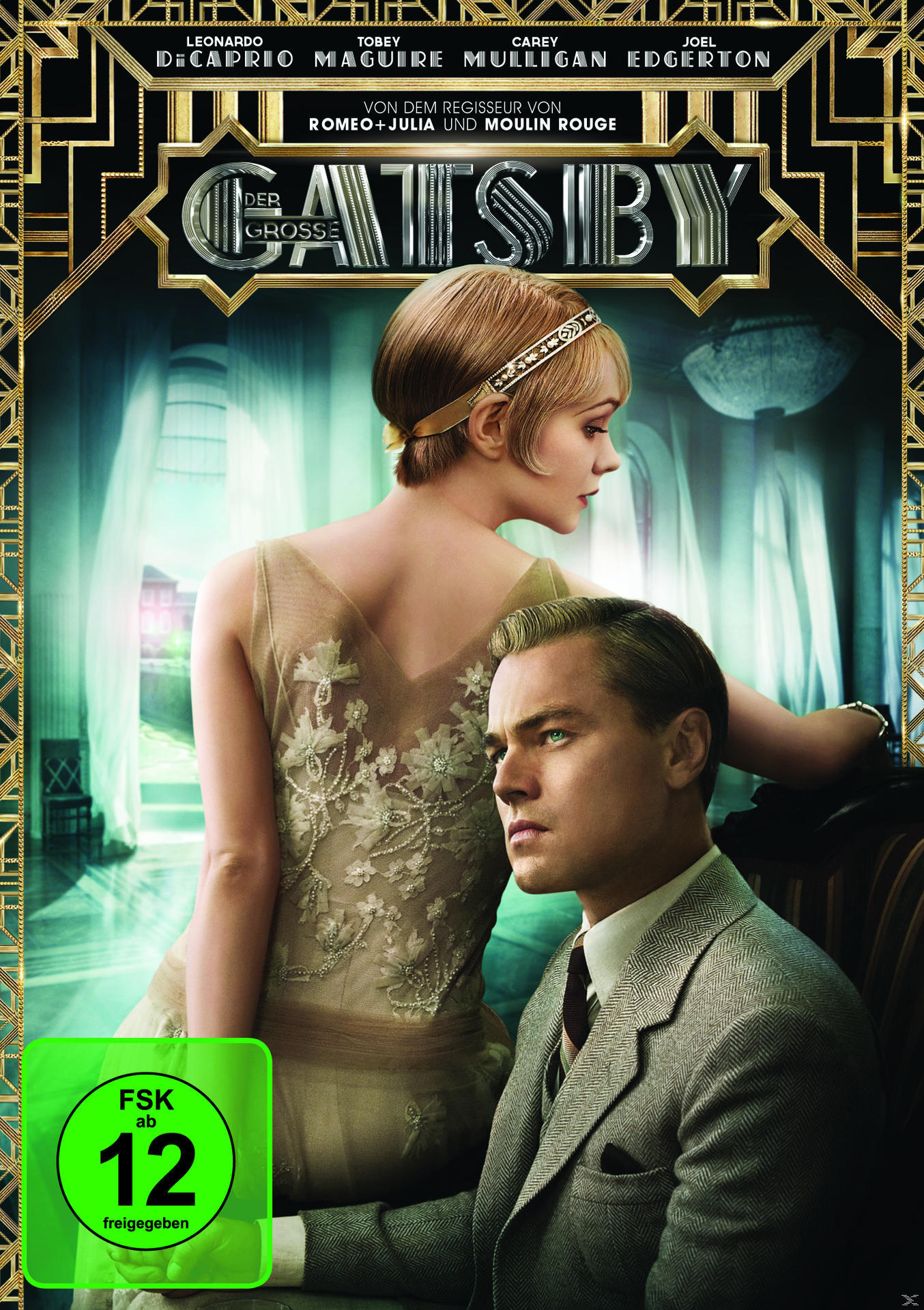 Filmposter für Der große Gatsby. Es zeigt Leonardo DiCaprio und Carey Mulligan im Vintage-Stil.